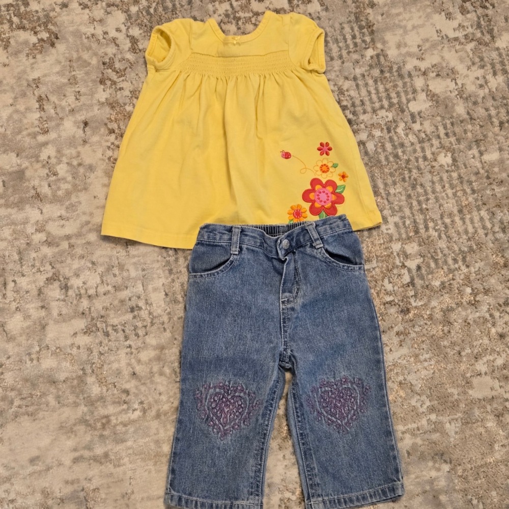 Carters Yellow Floral Top and Faded Glory Heart Embroidered Jeans Set 6-9 Months
